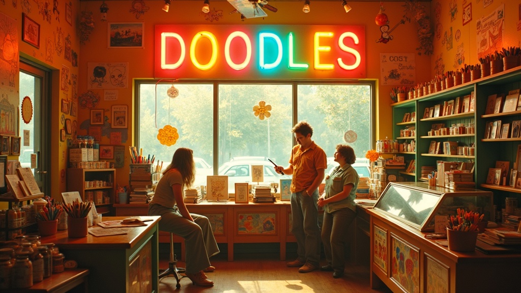 Doodles as a 1970s art supply shop