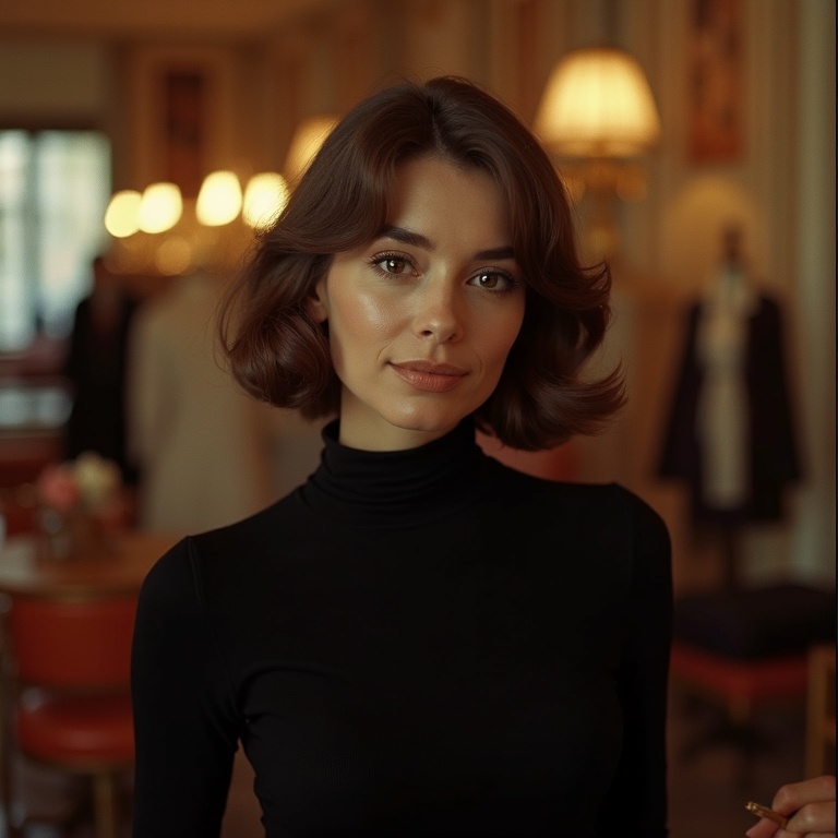 Portrait of Margaux Dupont, fictional 1970s owner of Balenciaga