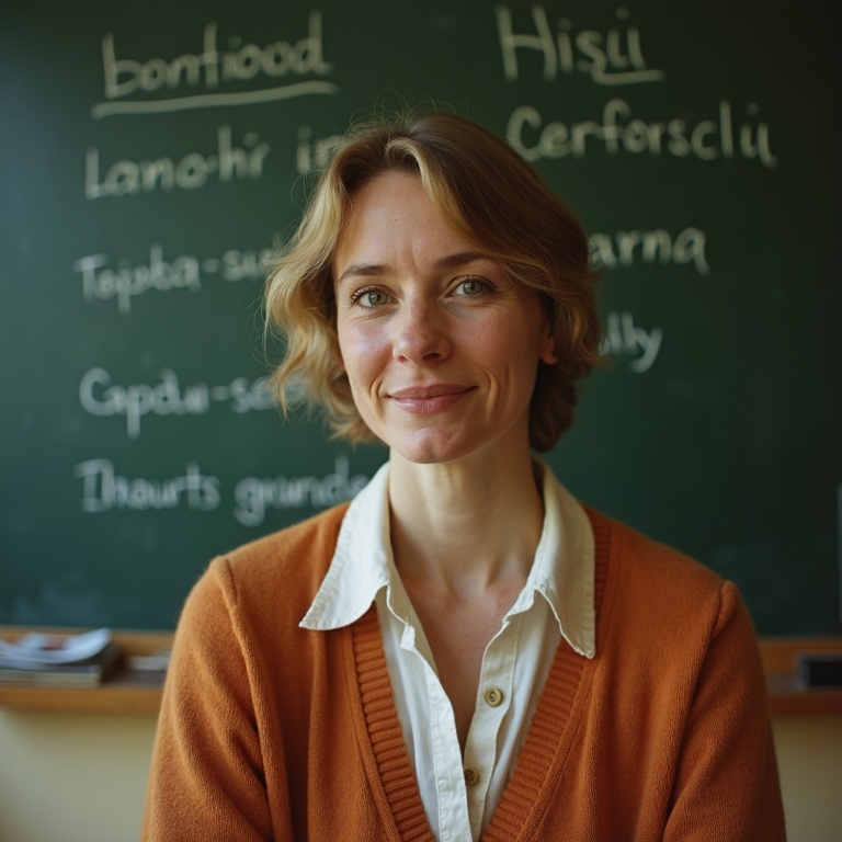 Portrait of Professor Elena Varga, fictional 1970s owner of Duolingo