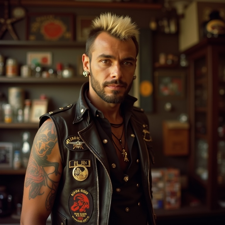 Portrait of Skull McGraw, fictional 1970s owner of Liquid Death