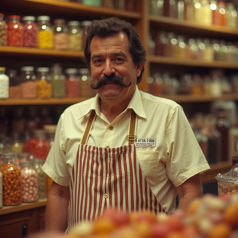 Portrait of Antonio Rossi, fictional 1970s owner of Tony's Chocolonely